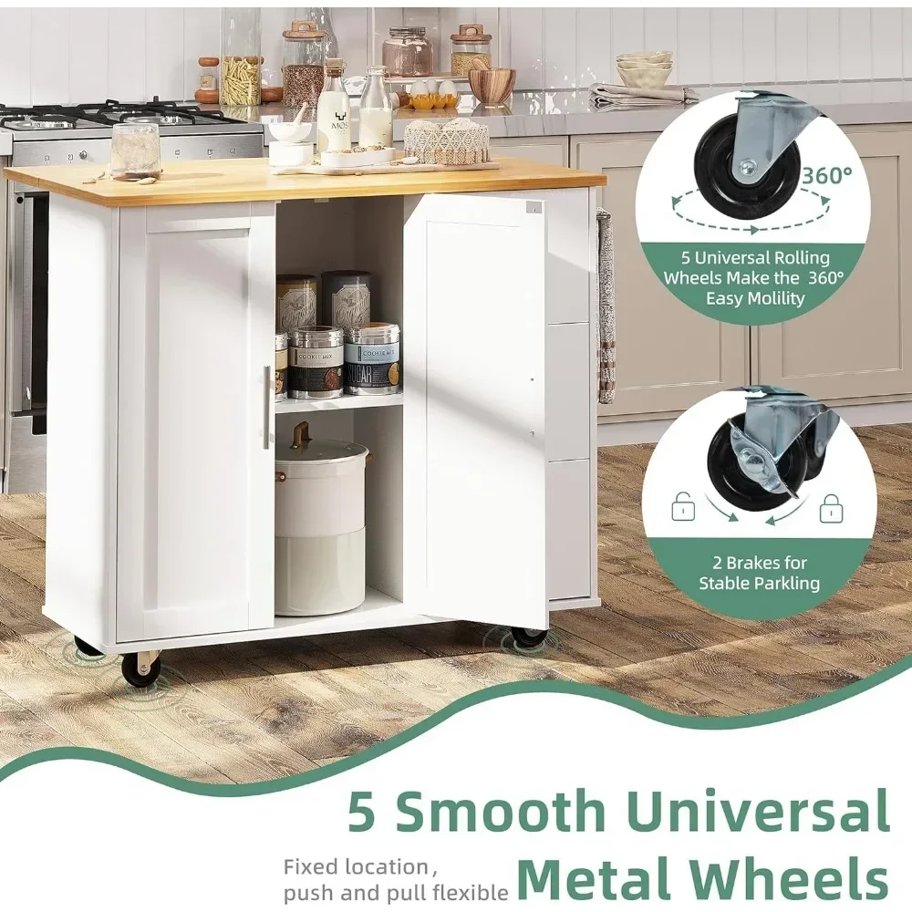 for Kitchen Cart with Folding Drop Leaf Breakfast Bar, Portable Trolley Island with Large Storage Cabinet, Kitchen Cart