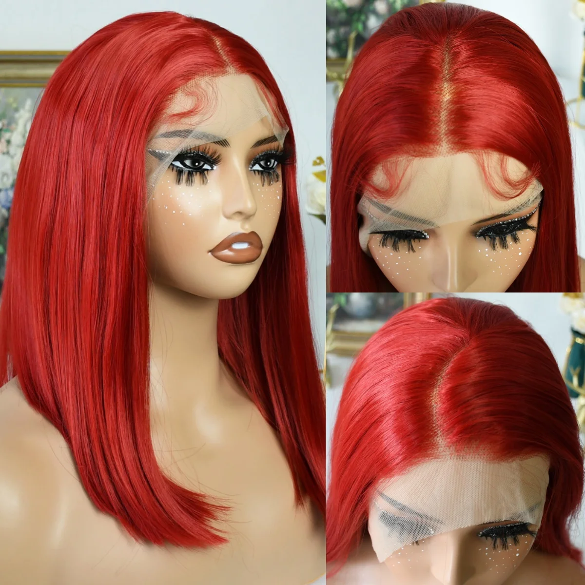 

Горячие красные парики Короткий боб Прямой парик фронта шнурка 13x4 HD Короткий парик фронтальной части шнурка Предварительно выщипанные натуральные волосы Синтетический косплей