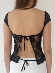 Floral Lace Mesh Crop Tops for Women - Y2K Style See-Through V-Neck Tie-Up Backless Slim Fit T-Shirts Perfect for Summer