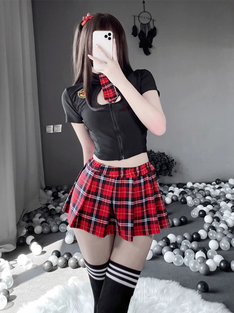 Tartan Patchwork Japanese Schoolgirl Cosplay Uniform Set Sexy JK Embroidery Pleated Role Playing Costume With Plaid Skirt