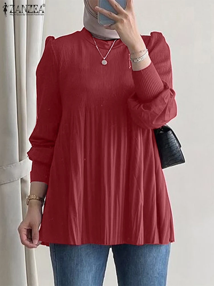 

ZANZEA Muslim Modest Womens Elegant Pleated Blouses Hijab O-Neck Long Sleeve Plisse Blusas Mujer Islamic Day Wear Casual Tops