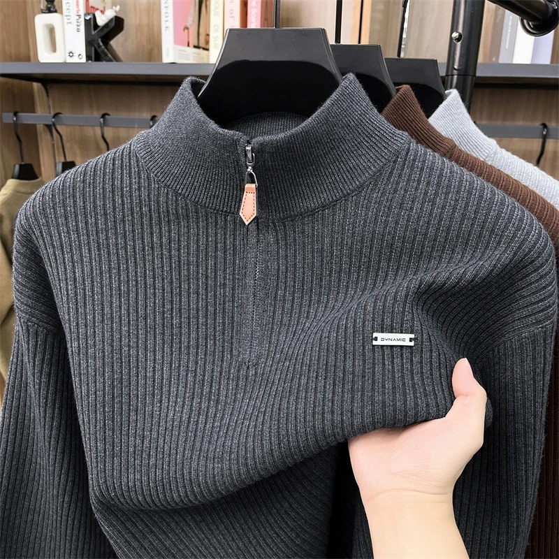 High End Autumn Winter Sweater New Retro Zipper Semi High Neck Men's Fashion Brand Letter Design Simple Casual Knitted Pullover