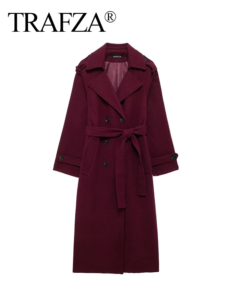 HH Women Elegant Burgundy Lapel Blend Maxi Overcoat Fashion Winter Double-Breasted Jacket with Belt Female Chic Trench Coat