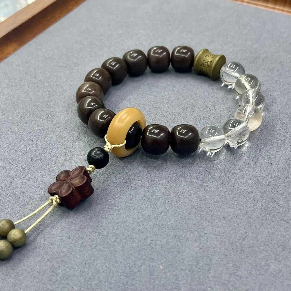 Natural Bodhi Bracelet with Peach Wood Peach Blossom Green Sandalwood Six Words Lucky Buddha Beads White Crystal Ins Hand String