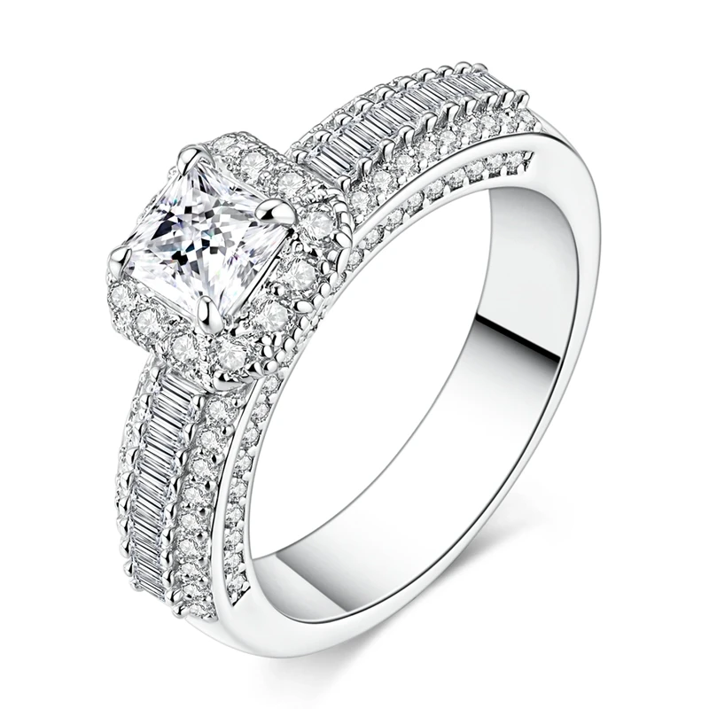 Original 925 Sterling Silver Sparkling Princess Full Pave Diamond Ring For Women Girls Jewelry Birthday Anniversary Gifts