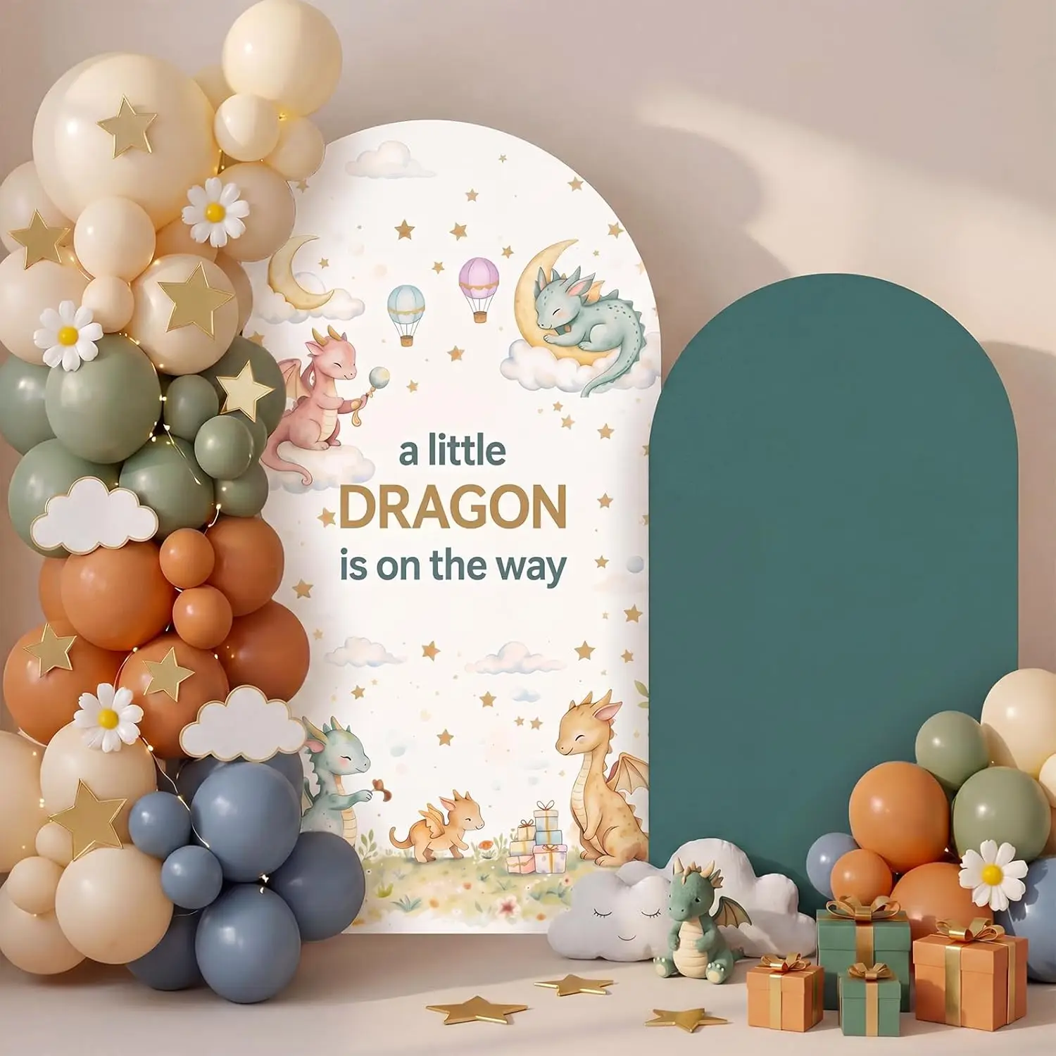 A Little Dragon is On The Way Arch Backdrop Cover Dinosaur Themed Baby Shower Decorations 2-sided Gender Reveal Party Background