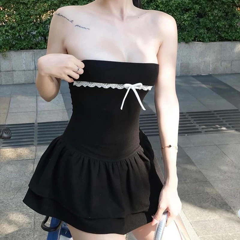 

Small Girl Strapless Black White Short Party Dress Y2k Women Bow Super Mini Dress New Summer Fashion Sleeveless A Line Dress