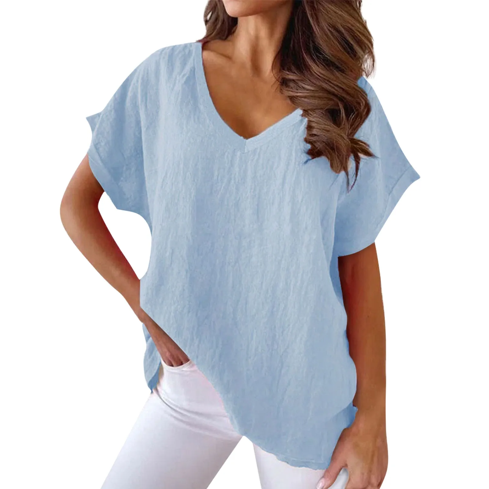 Women's Solid color Versatile Tops Fashion deep V-Neck top Casual Cotton Short Sleeve tShirt breathable  ropa mujer juvenil