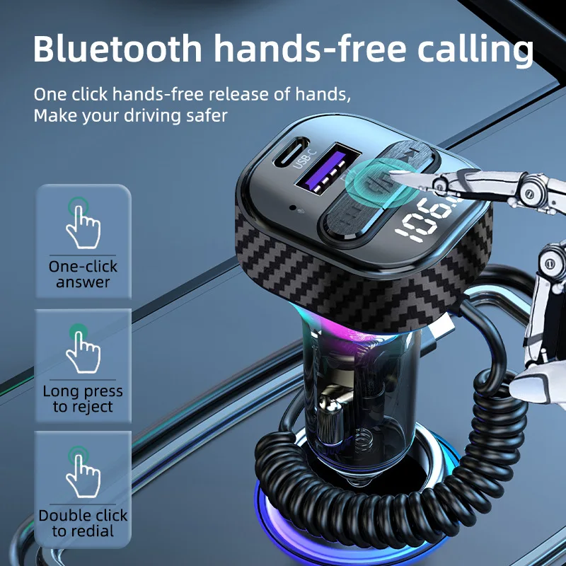 Transmetteur FM Bluetooth C52 avec fil à ressort, chargeur de voiture à charge rapide PD30W, lecteur clé USB 5V/3,1 a