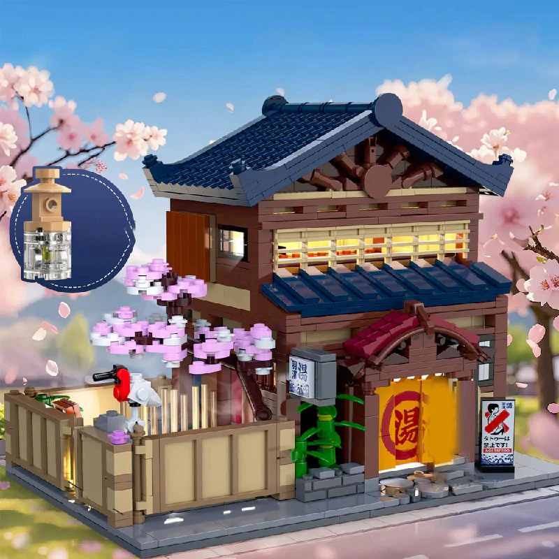 Conjuntos de edificios de casa de aguas termales japonesas, arquitectura urbana, con figuras, bloques de construcción, Kit de modelo, regalo para adultos y niños, 1249 Uds.