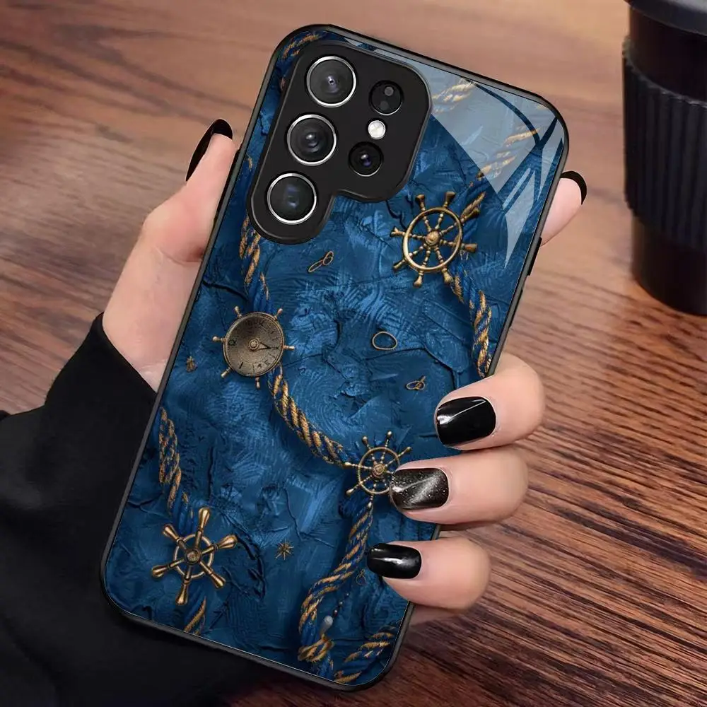 Compass and hemp rope pattern glass phone case suitable for Samsung Galaxy S26 S25 S24 S22 S21 S20 FE/Ultra/Plus anti fall