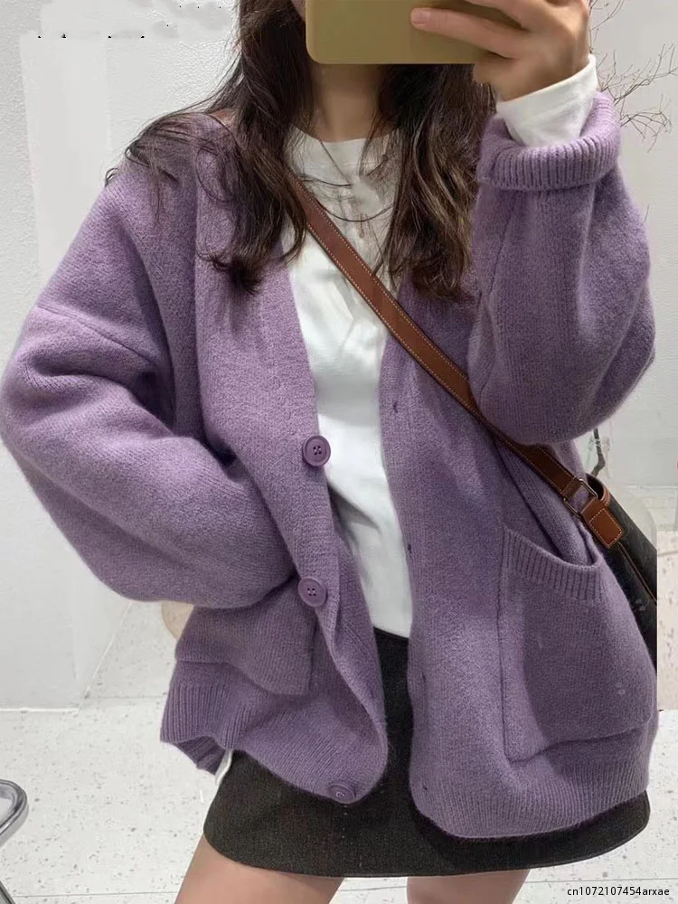 2023 Autumn Winter New Knit Female Oversize Cardigan Women Loose Casual V Neck Knitted Sweater Coat Lady Solid Cardigan