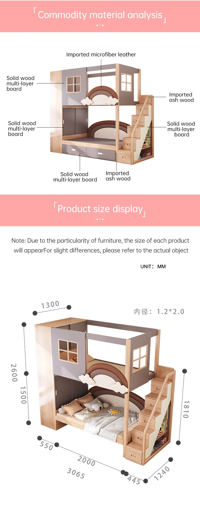 Tempat Tidur Tingkat Putri Pelangi dari Kayu Solid yang Dapat Disesuaikan, Desain Lubang Pohon, untuk Kamar Tidur Anak atau Apartemen