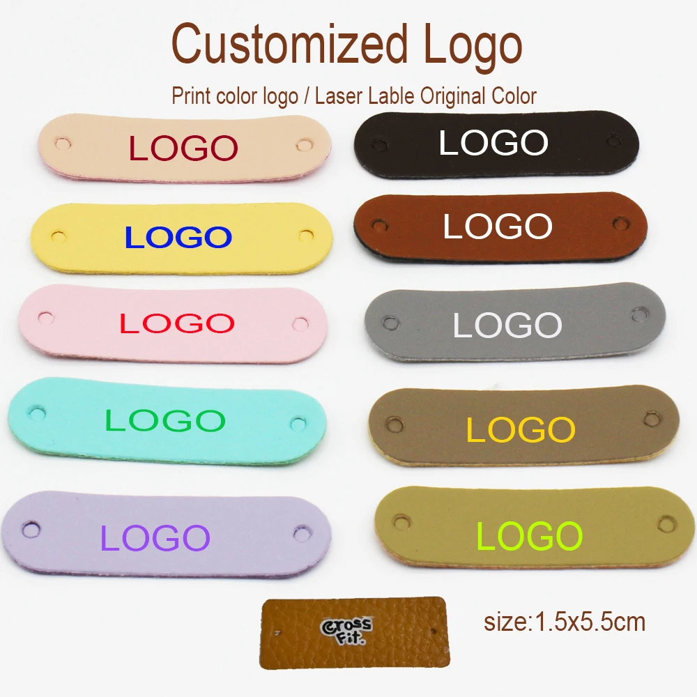 

20pcs Custom Logo Print Laser Blank PU Leather Labels 10 Colors 2 Holes DIY Tags for Jeans Hats Handmade Bags Clothing Decor