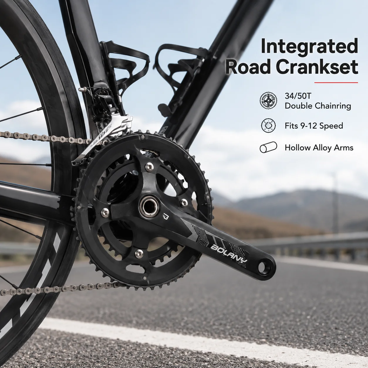 BOLANY 34/50T Road Bike Crankset Hollow Aluminum Alloy Double Chainring Integrated Spindle Bottom Bracket for 9-12 Speed Bicycle