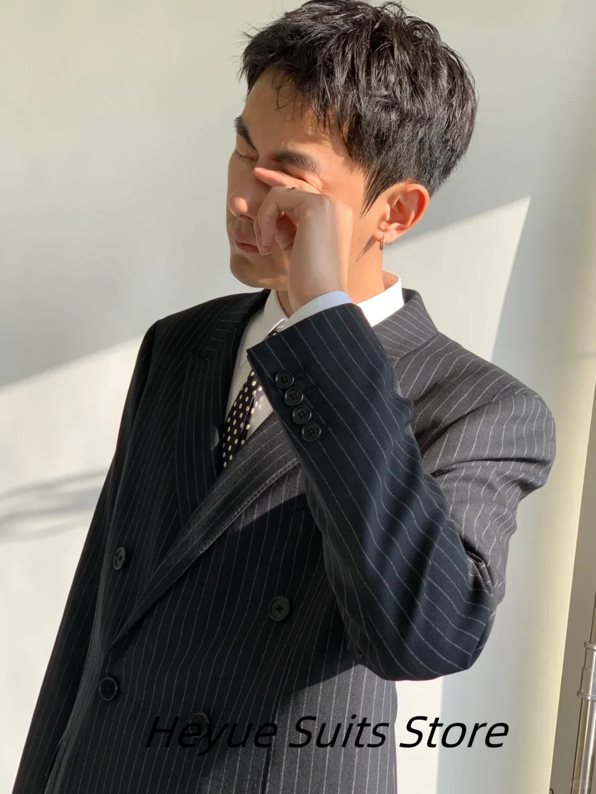 Leisure Stripe Men  Suits Fashion Classic Peak Lapel Groom Tuxedos Double-breasted 2 Pieces Sets Male Blazers Costumes Homme