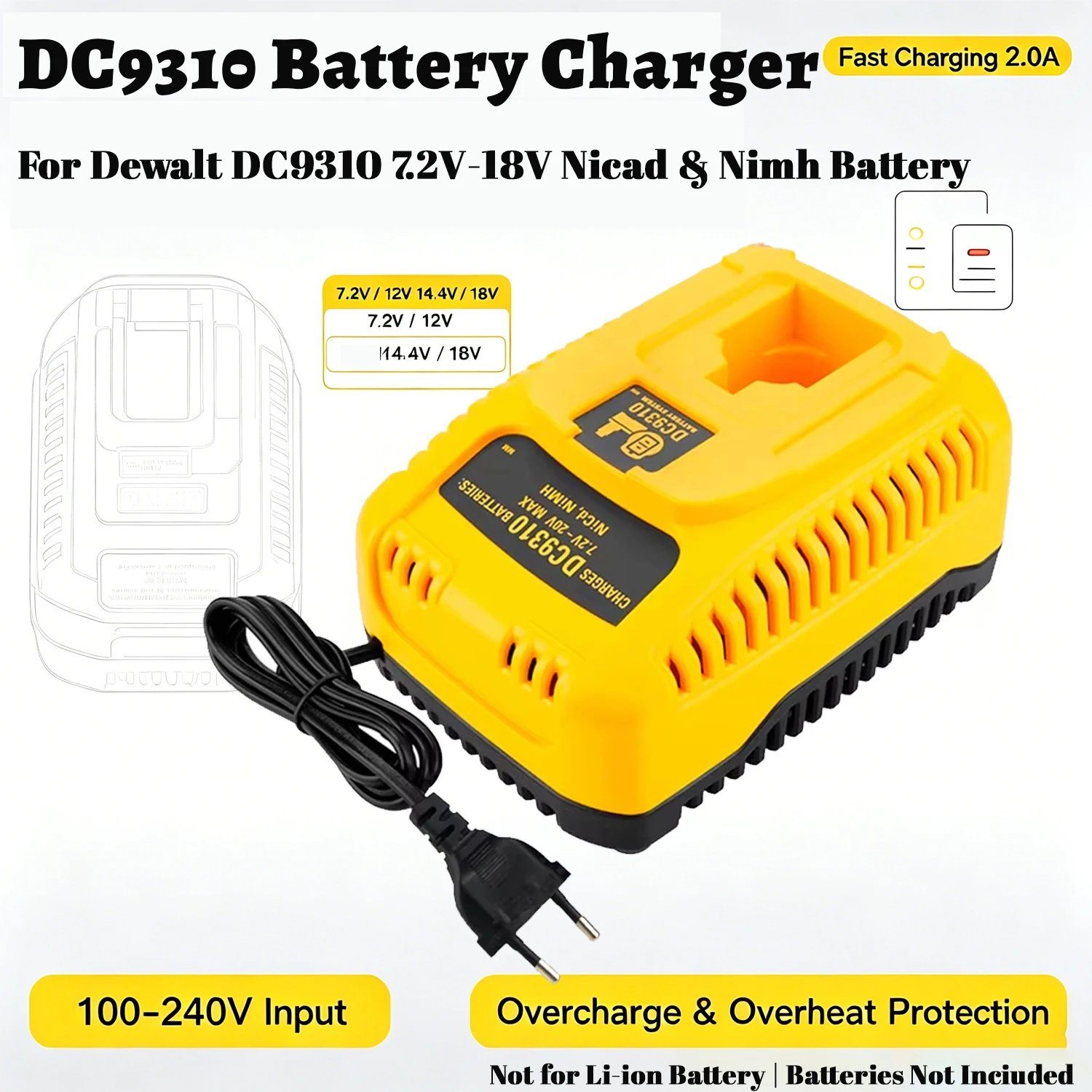 DC9310 Replacement Battery Charger for Dewalt 7.2V-18V NiCad NiMh Batteries No Battery