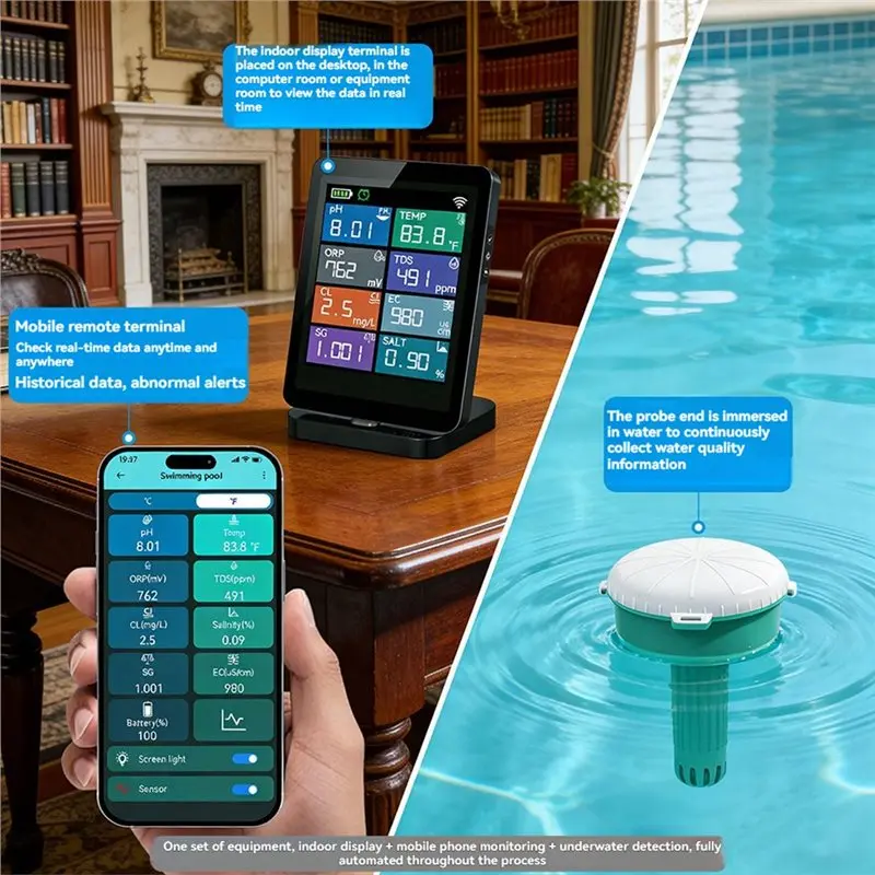 A89E-Floating Wireless Pool Tester With 7 In 1 Smart Pool Water Monitor 2.8