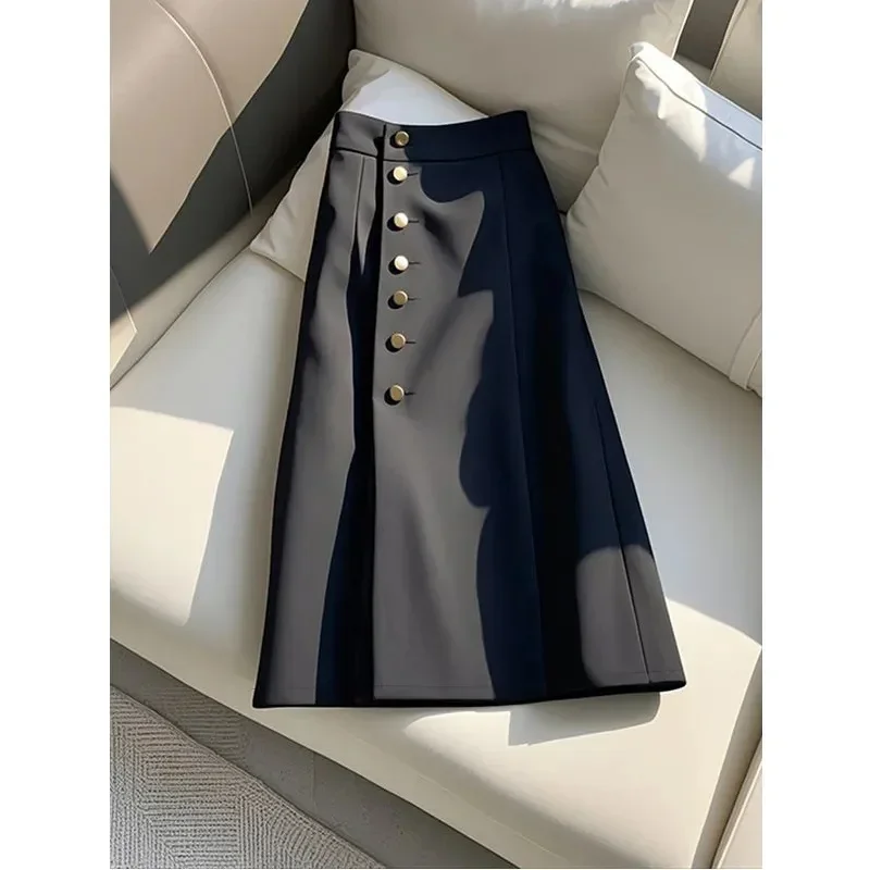 Pop Pop 2025 Female Leisure High Waist Long Skirts Spring Autumn Women Mid Length Skirt Korean Lady Fashion Solid Color Suit Max