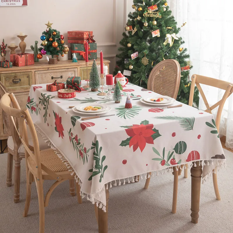 Christmas Cotton Polyester Tablecloths Christmas Theme Printed Tassel Geometric Flower Rectangular Tablecloth Coffee Table Cloth