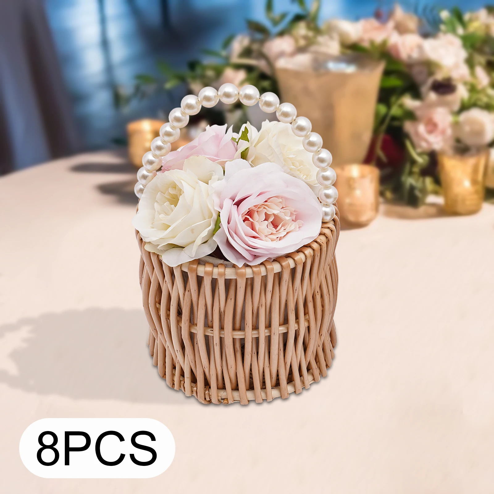 8Pcs Wicker Wedding Flower Girl Baskets Flower Basket Pearl Floral Holder with Handle Party Decorations