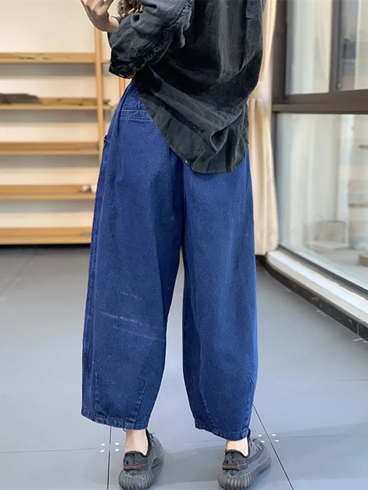 กางเกงทรงบานเอวสูงสำหรับผู้หญิง ทรงฮาร์แลน ดีไซน์เดนิม ไซส์ใหญ่ ทรงกระบอก ช่วยให้ดูผอม ใส่ได้ทั้งฤดูใบไม้ผลิและฤดูร้อน ผลิตจากผ้าฝ้ายยืด