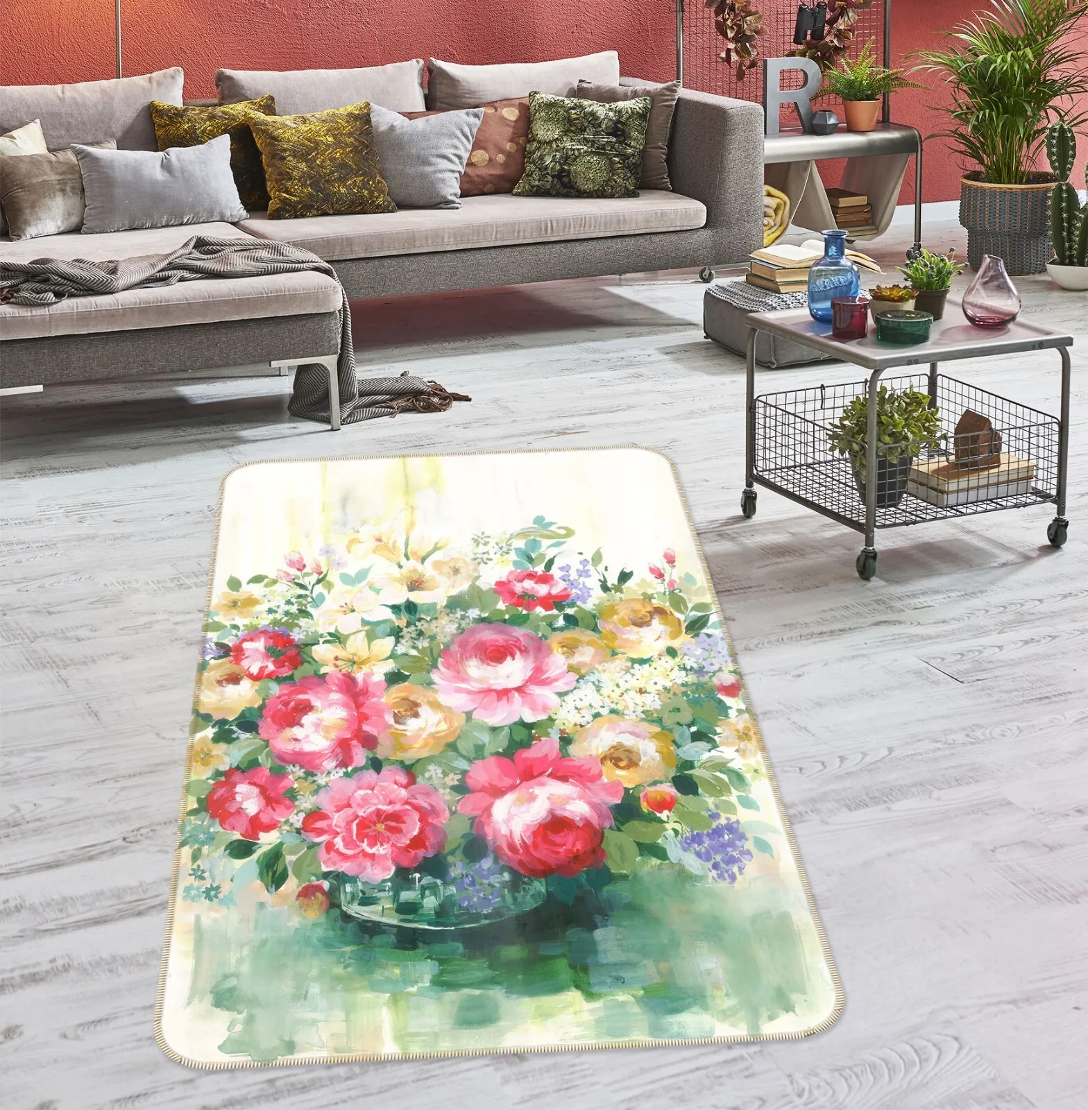 Floral Bouquet Rug Colorful Rose Garden Design Non Slip Floor Mat for Living Room Home Decor