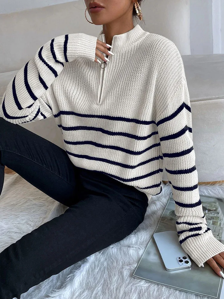 Fashion zipper knitted shirt loose top women\'s cross color striped sweater simple and versatile