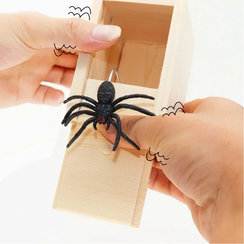 Tricky Toy Simulation Spider Wooden Box Spoof Insect Spider Box Creative Haunted House Horror Scene Layout Small Wooden Box