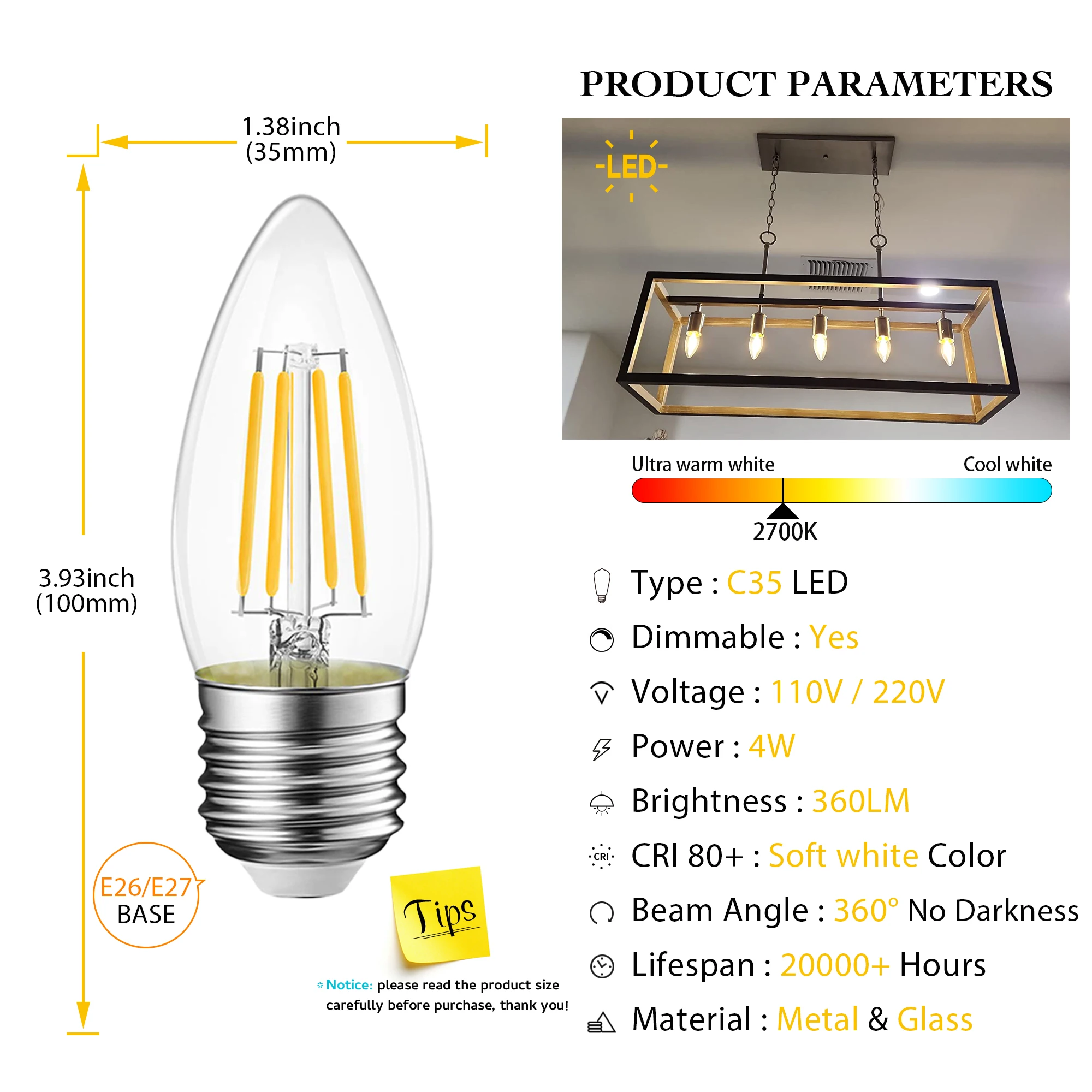 Genixgreen C35 E27 Chandelier Candle Light Bulb Warm White 2700K 4W Vintage Led Filament Dimmable 220V Retro Pendant Lamp Bulb