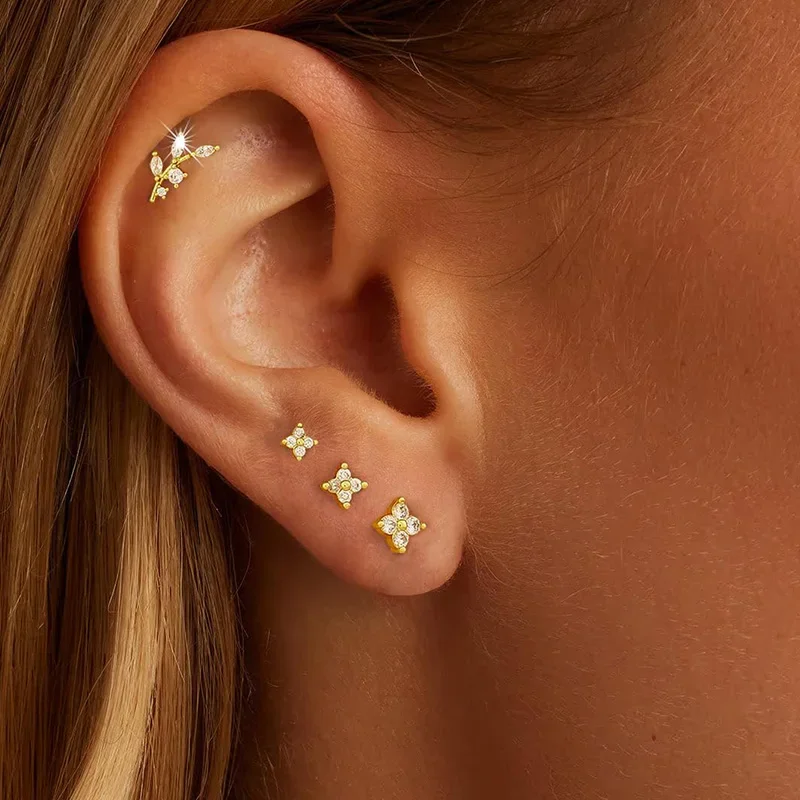 14K Gold Plated Stud Earrings for Women Trendy Hypoallergenic 925 Sterling Silver Post Cartilage Tragus Earring Set for Multiple