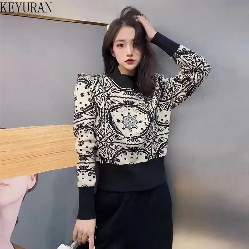 Vintage Jacquard Pullover Sweater Women\'s 2024 New Autumn Winter Ruff Long Sleeve Top Beading Knit Sweaters Jumper Sueter Mujer