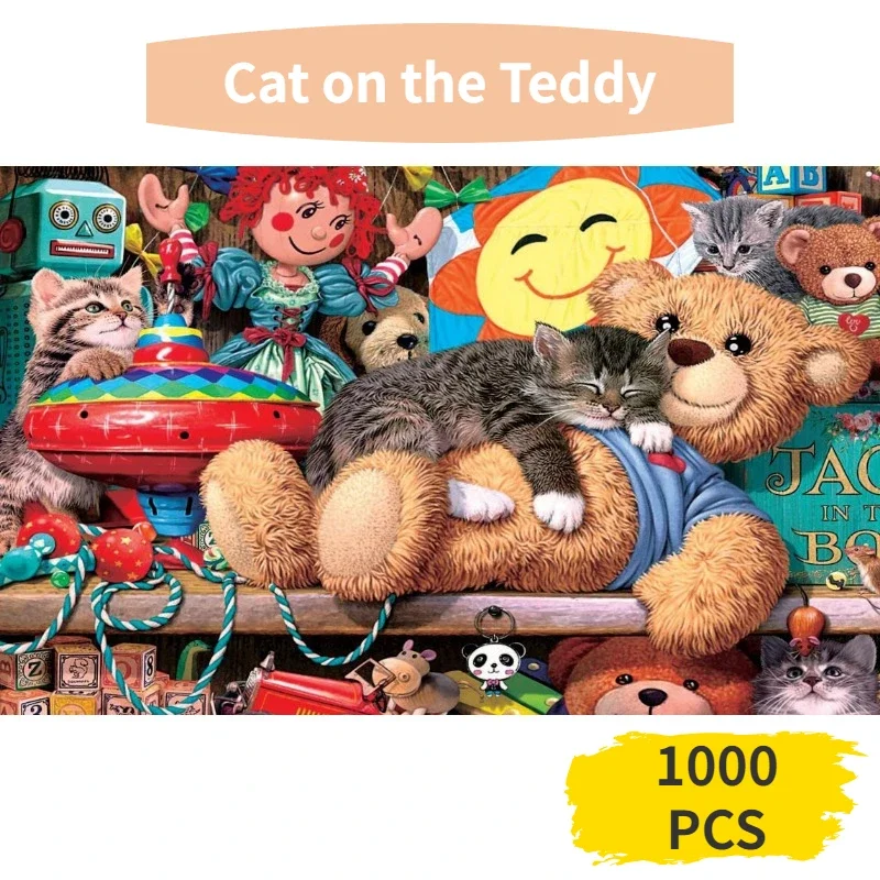 

75*50cm Paper Jigsaw Puzzle 1000PCS Cat on Teddy Animals Adults Stress Relief Children Educational Entertainment Toys Christmas