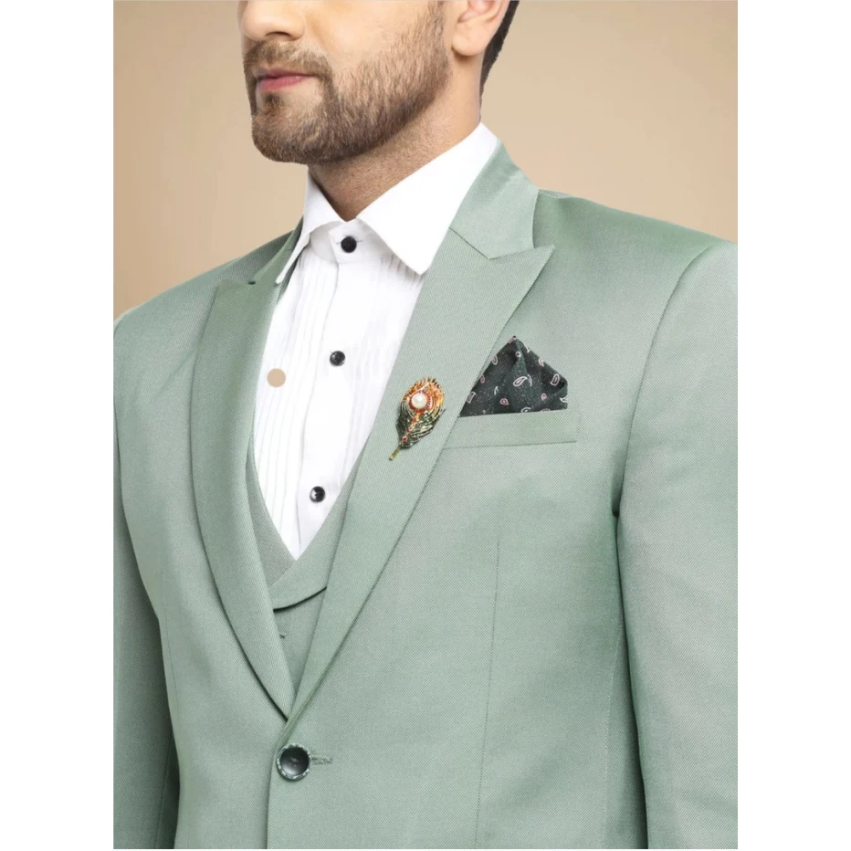 Wedding Mint Green Single Breasted Peaked Lapel Flat Luxury Wedding Skinny 3 Piece Jacket Pants Vest Slim Fit Blazer Male Cloth