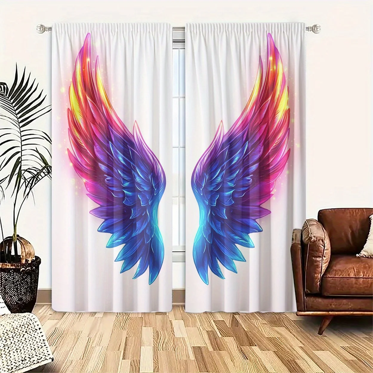 Glowing Rainbow Wing Window Curtain 2 Panels, Vibrant Color Angel Feather Wing Print Soft White Tone Bedroom Home Decor Curtain