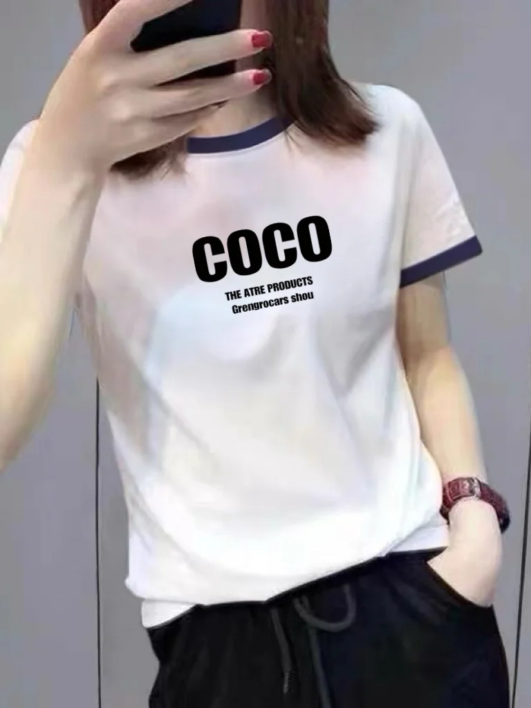 

Commuter Style Color Block Neck Short Sleeve Loose T-Shirt Women's Mid-Aged Summer New Fashion Versatile Casual Top
