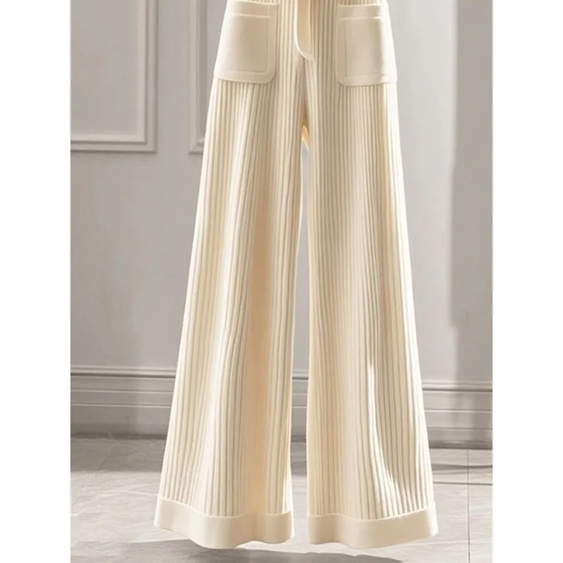 Winter Ladies New High Waist Loose Joker Glutinous Rice White Striped Knitted Wide-Leg Pants Simple Casual Temperament Loose Pan