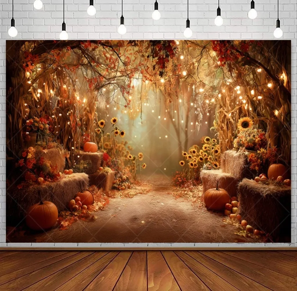 

Autumn Forest, Harvest Day Banner Photography Background, Sparkling Sunflowers, Autumn Thanksgiving Party Photography Background