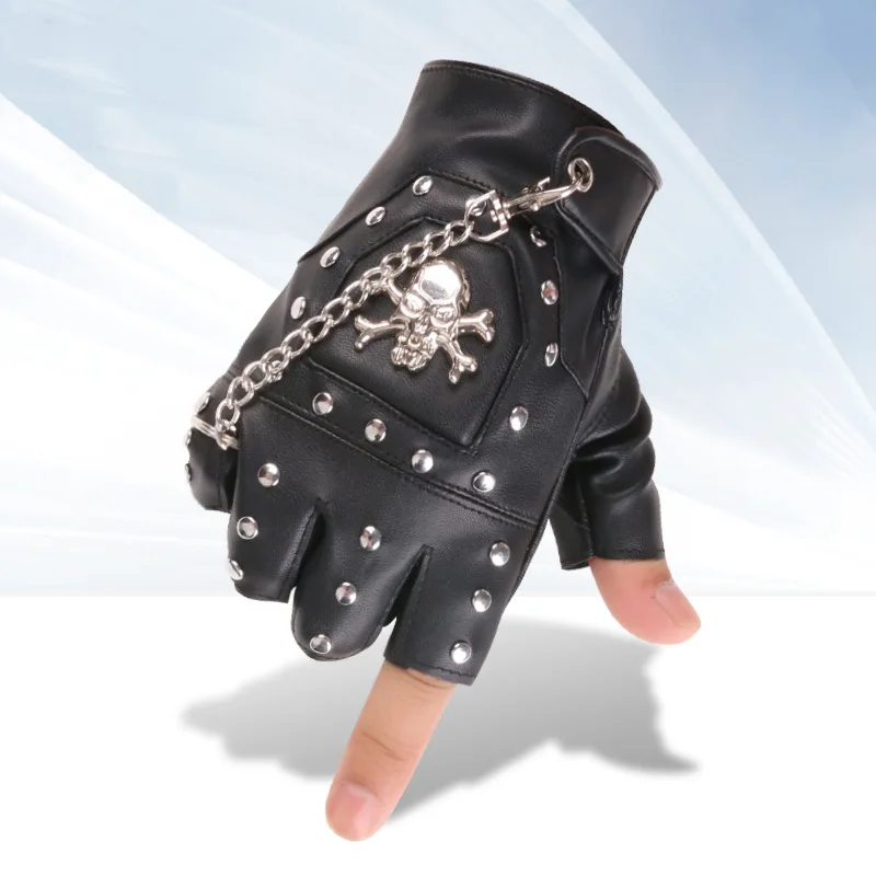 Men Steampunk Half Finger Gothic Gloves Metal Chain Rivets Biker Fingerless Mittens Black PU Leather Accessory
