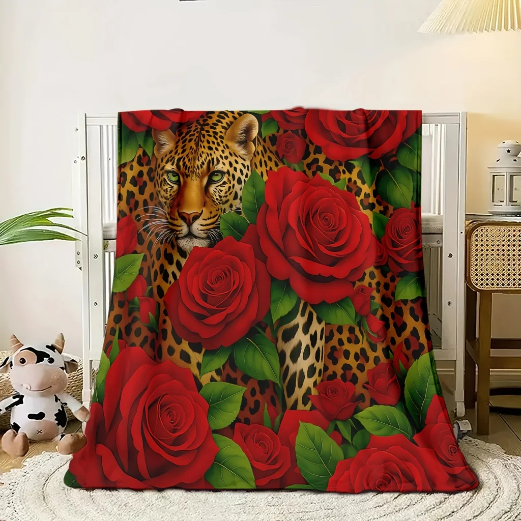 Vintage Cheetah With Big Red Rose Pattern Soft Flannel Blanket Lightweight Air Conditioning Cover Blanket For Couch Travel
