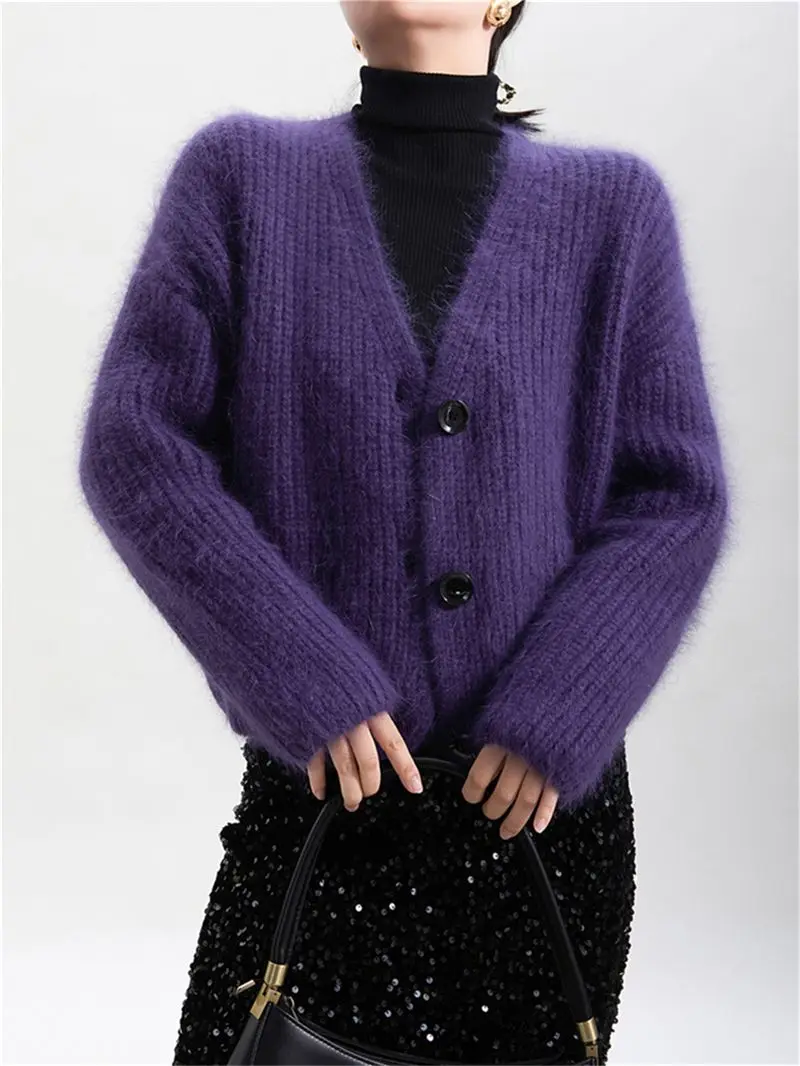 

Autumn Winter Lazy Style Long Sleeved Knitted Cardigan Jacket Women Temperament New style Purple Sweater Top