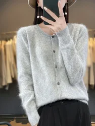 Elegant Women 100% Mink Cashmere Cardigan O-Neck Sweater Autumn Winer Female Clothing Solid Color Knitwear Clothing Coat Tops