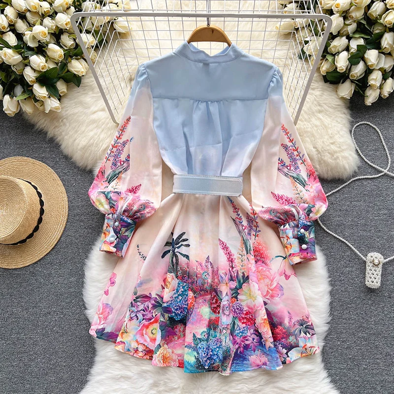 Bohemian Flower Print Women Dress 2023 Spring Summer Loose O Neck Puff Sleeve High Waist A Line Mini Dresses Clothes For Women