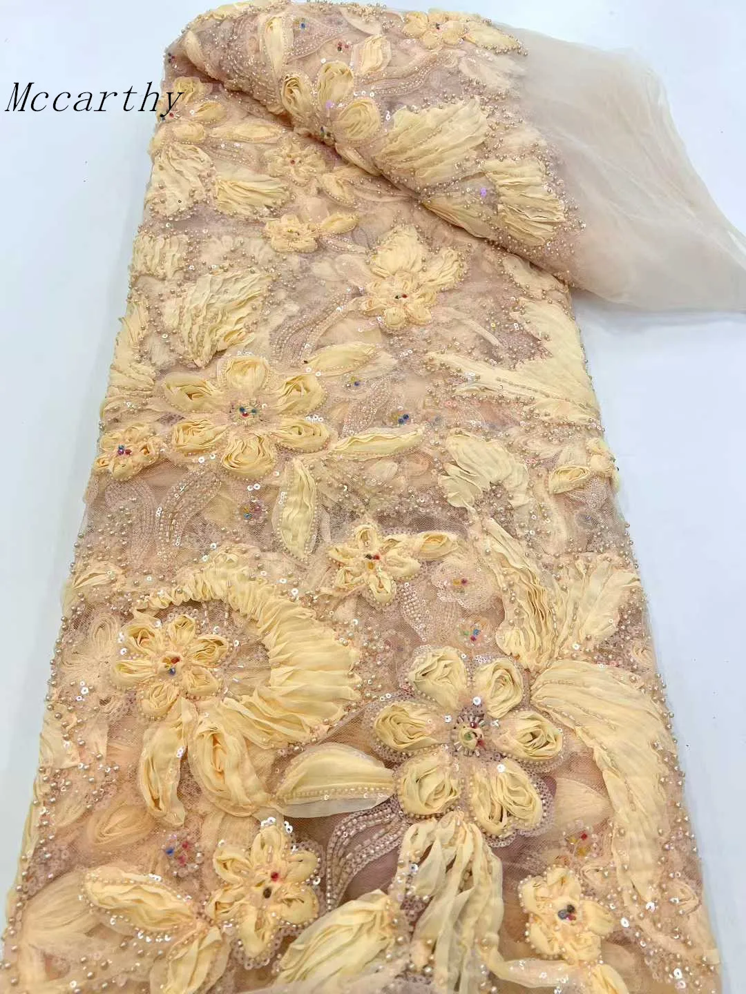 African Beads Lace Fabrics Latest Sequin Lace Fabric 5 Yards High Quality 2026 Bule Lace Fabric Nigerian Wedding Dress For Woman