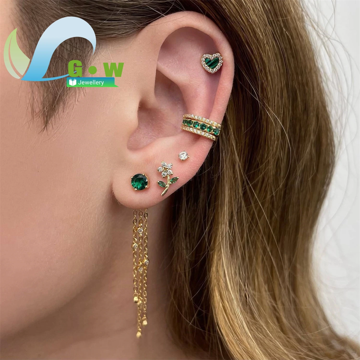

Hot Sale Chain Tassel Green Zirconia Earrings Fashion Heart Flower Ear Studs Set For Women Jewelry Wholesale