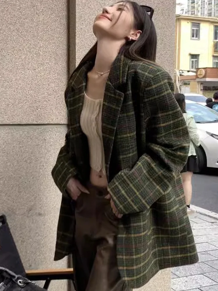 

ROUJE KEFSS Retro Plaid Woolen Suit Jacket Women's Autumn Winter Mid-Length Thickened Woolen Top Long Sleeve Business Style