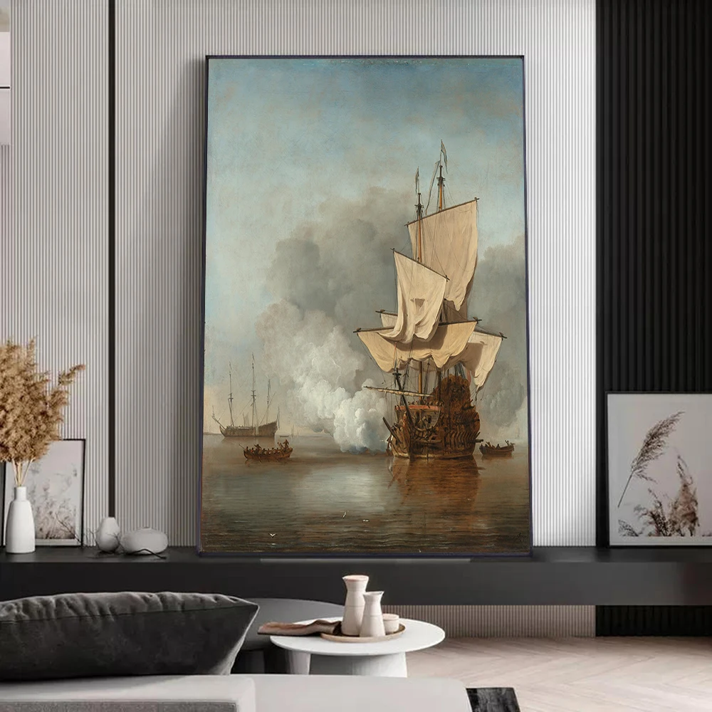 Vintage Ship Sea Poster Classical Explosion at Antwerp of Dutch Gunboat Oil Painting Wall Art Prints Landscape Canvas Painting