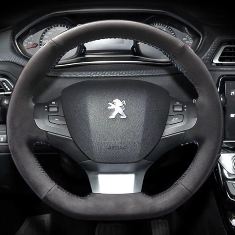 

For Peugeot 308 2014-2020 Hand Stitched Charcoal grey suede Car Steering Wheel Cover