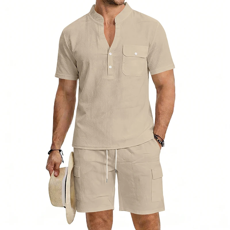

Men's Linen Two-Piece Set | Stand Collar Henley Short Sleeve Shirt T-Shirt & Work Shorts (Multiple Colors) Suitable for Summer