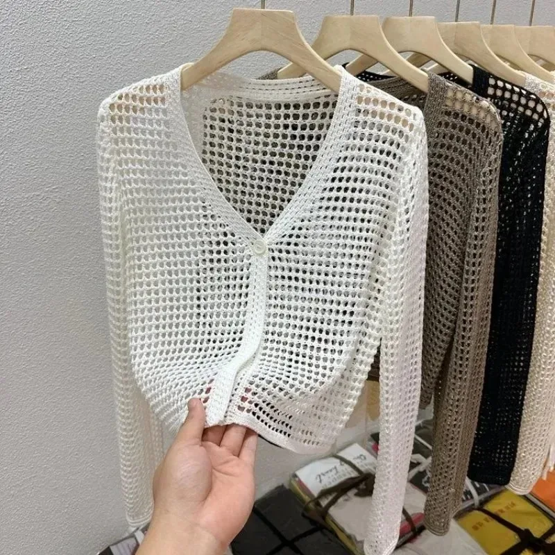 

Повседневный ленивый женский универсальный ажурный кардиган, летний свободный солнцезащитный крем с v-образным вырезом, рубашка на пуговицах, верхняя одежда, сетчатый топ с длинными рукавами